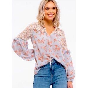 213. Blu Pepper Blue and Pink Floral bohemian style Blouse